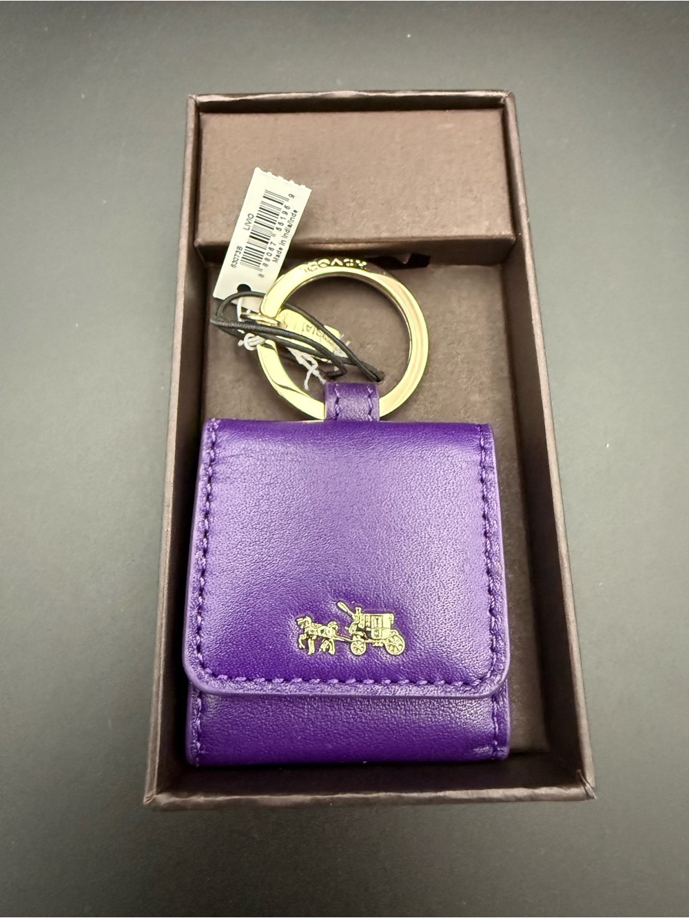Coach Leather Mini Photo Keychain Purple Gold Horse Carriage Boxed NWT